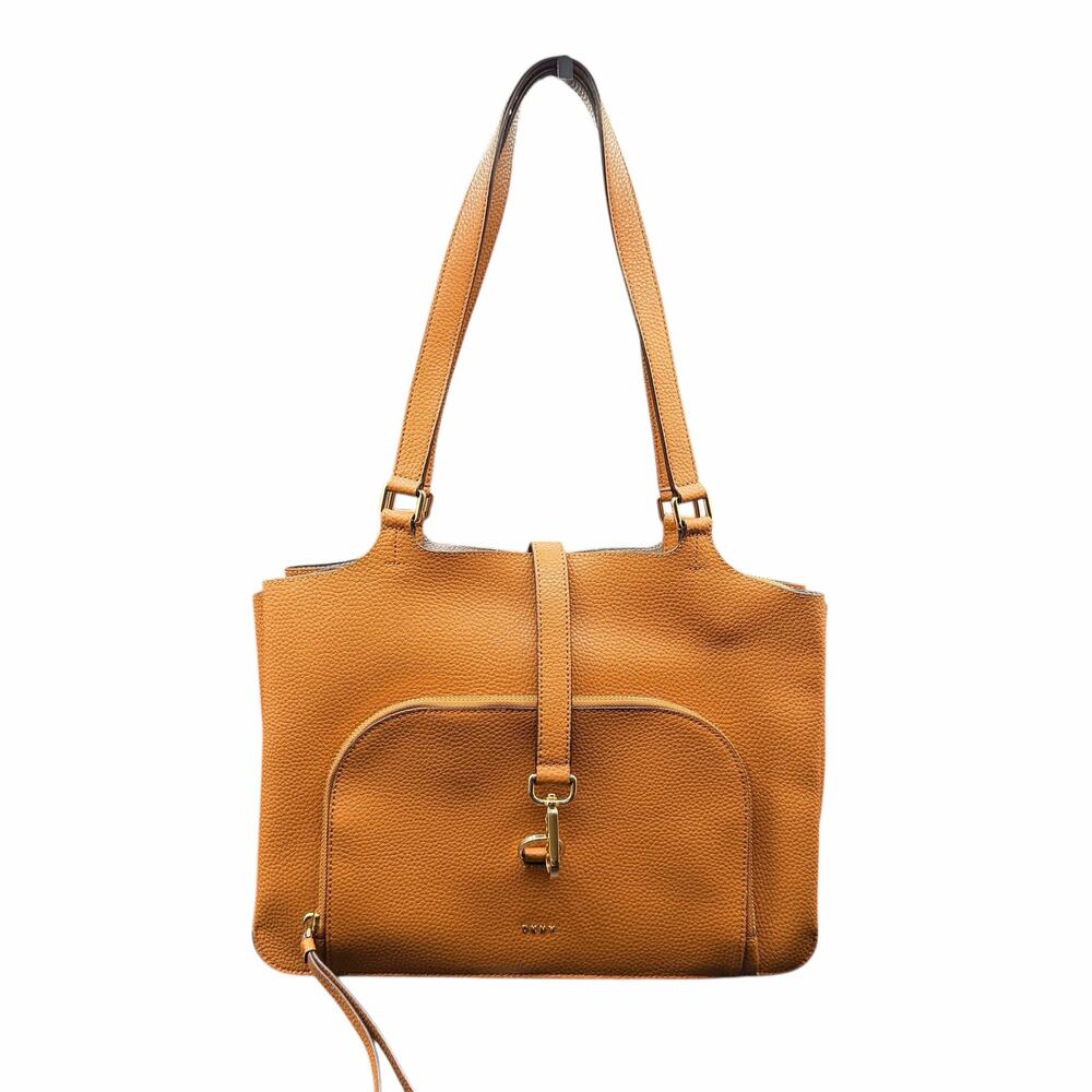 DKNY Tan Pebbled Leather Tote Bag w/ Zip Divider & Gold Hardware